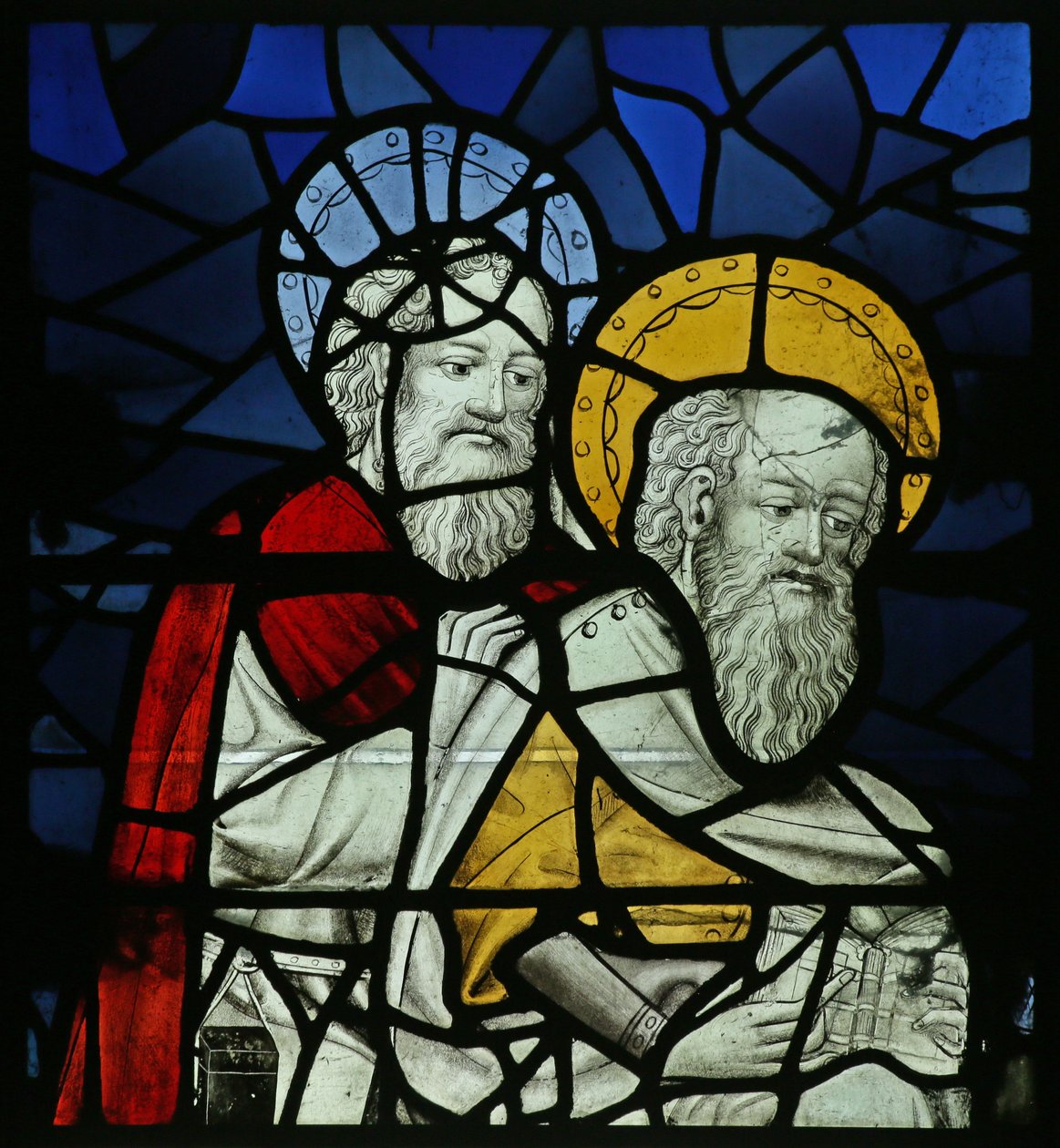 St Matteus och en annan apostel vid Jungfru Marias död (målat glas) av German School