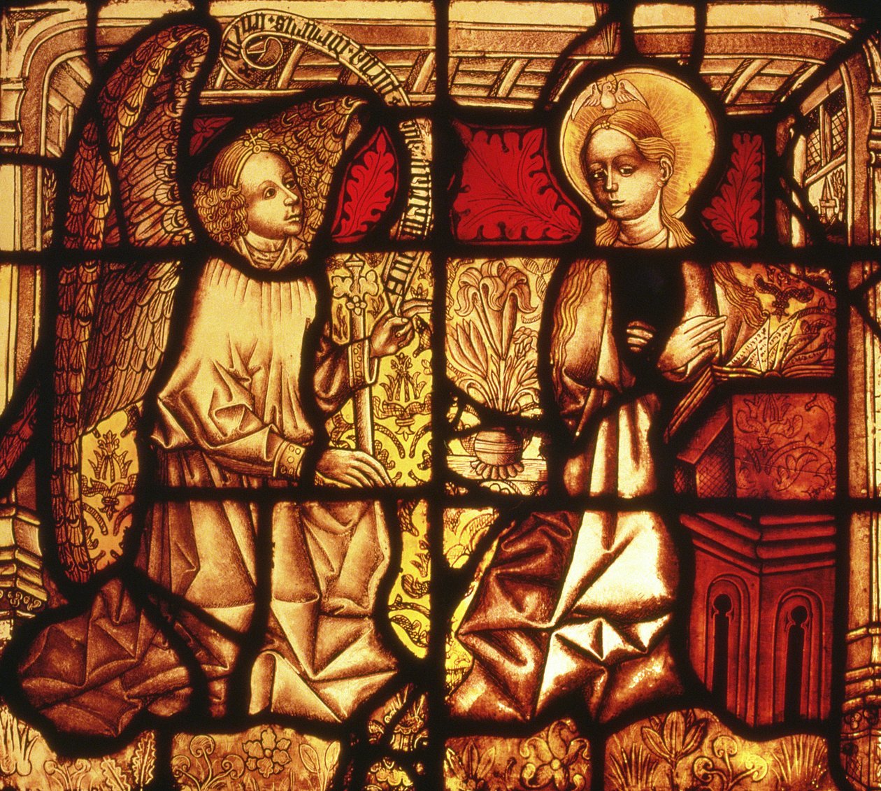 Målat glasfönster föreställande bebådelsen, tyska, c.1450 av German School
