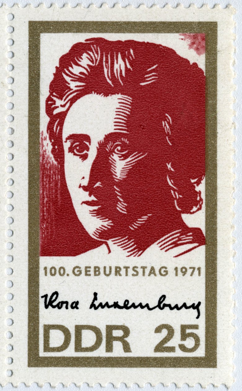 Frimärke som representerar Rosa Luxemburg (eller Luxemburg av German School