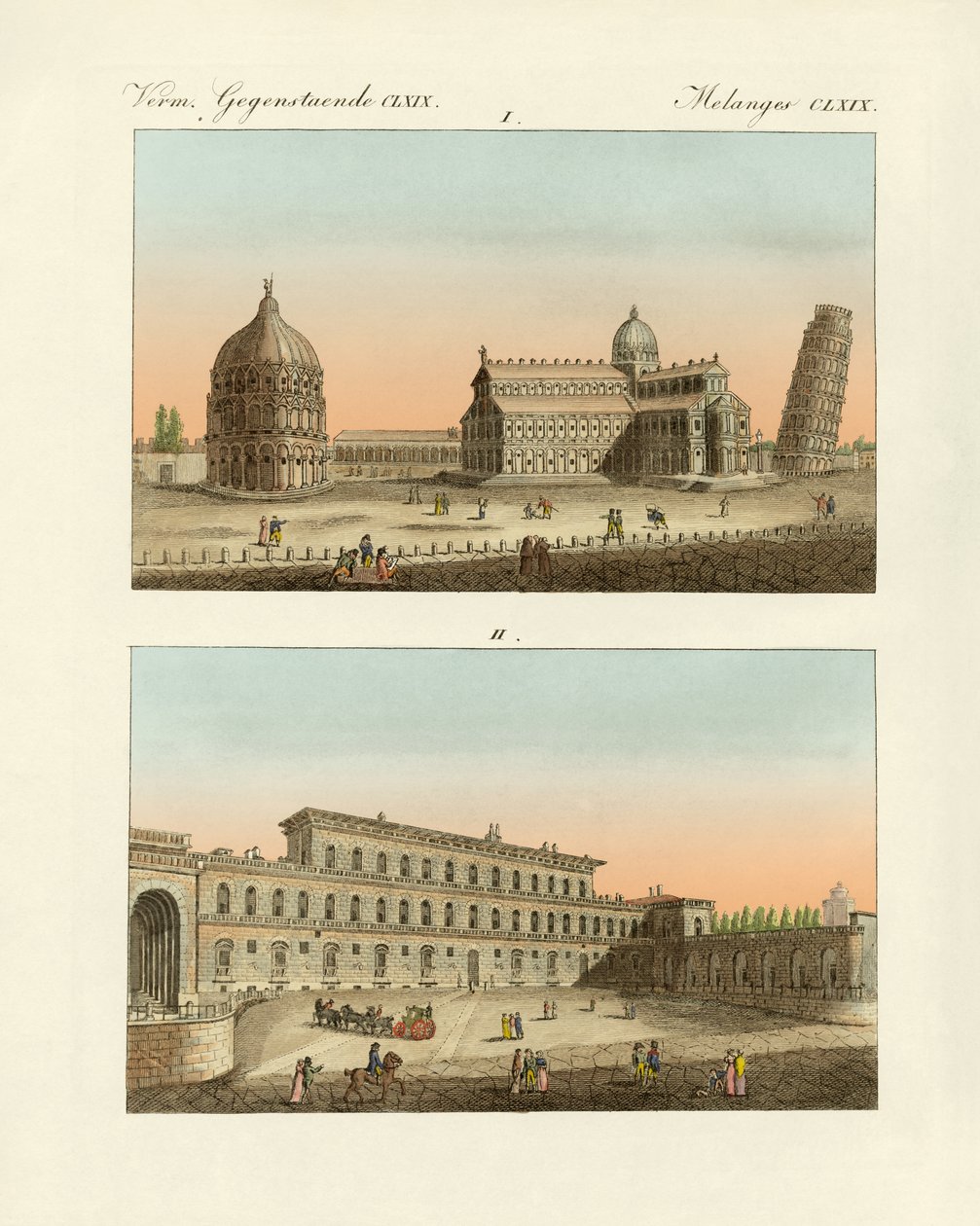Konstiga byggnader i Italien (färgad gravyr) av German School