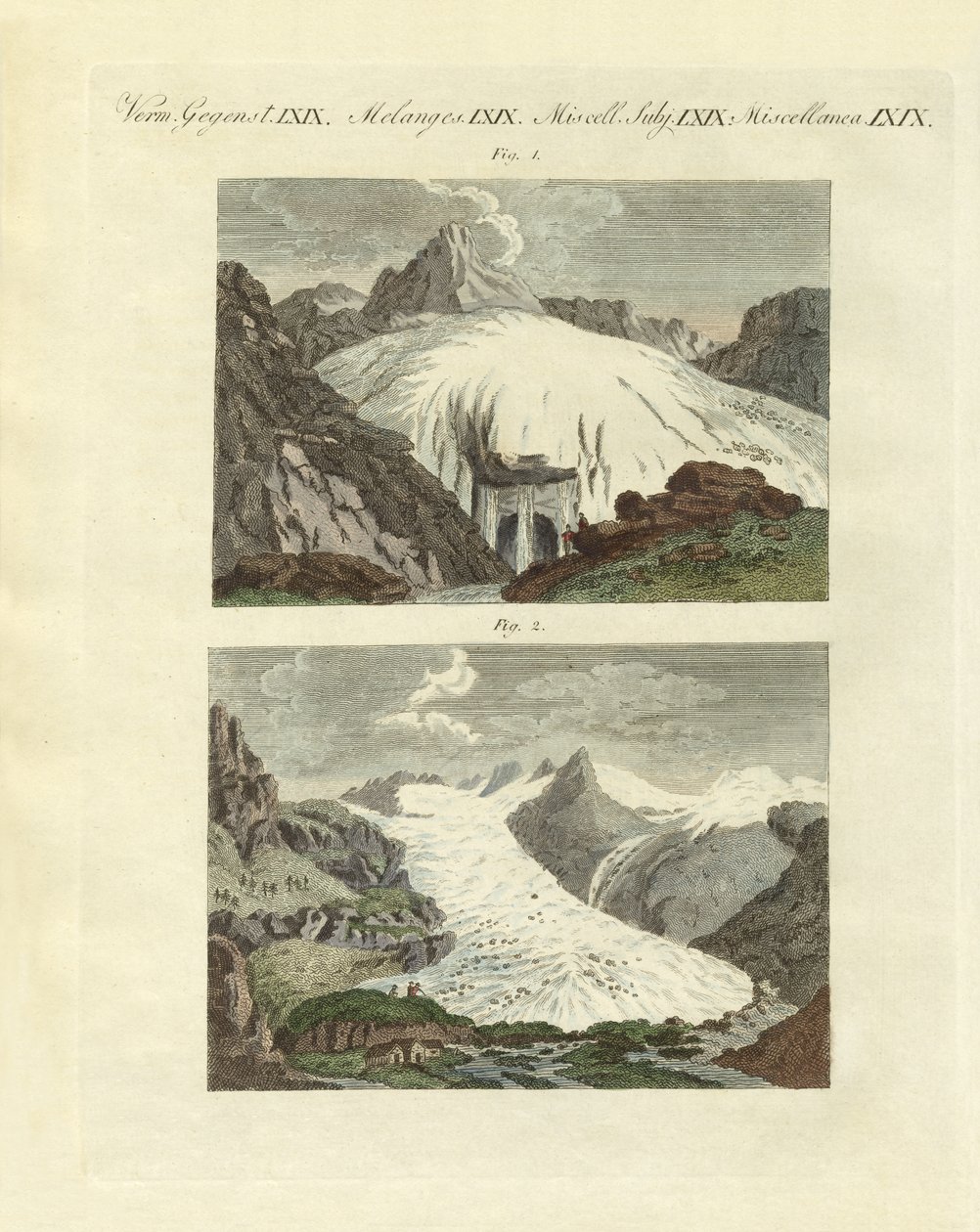 Konstiga glaciärer som födelsen av stora floder (färgad gravyr) av German School