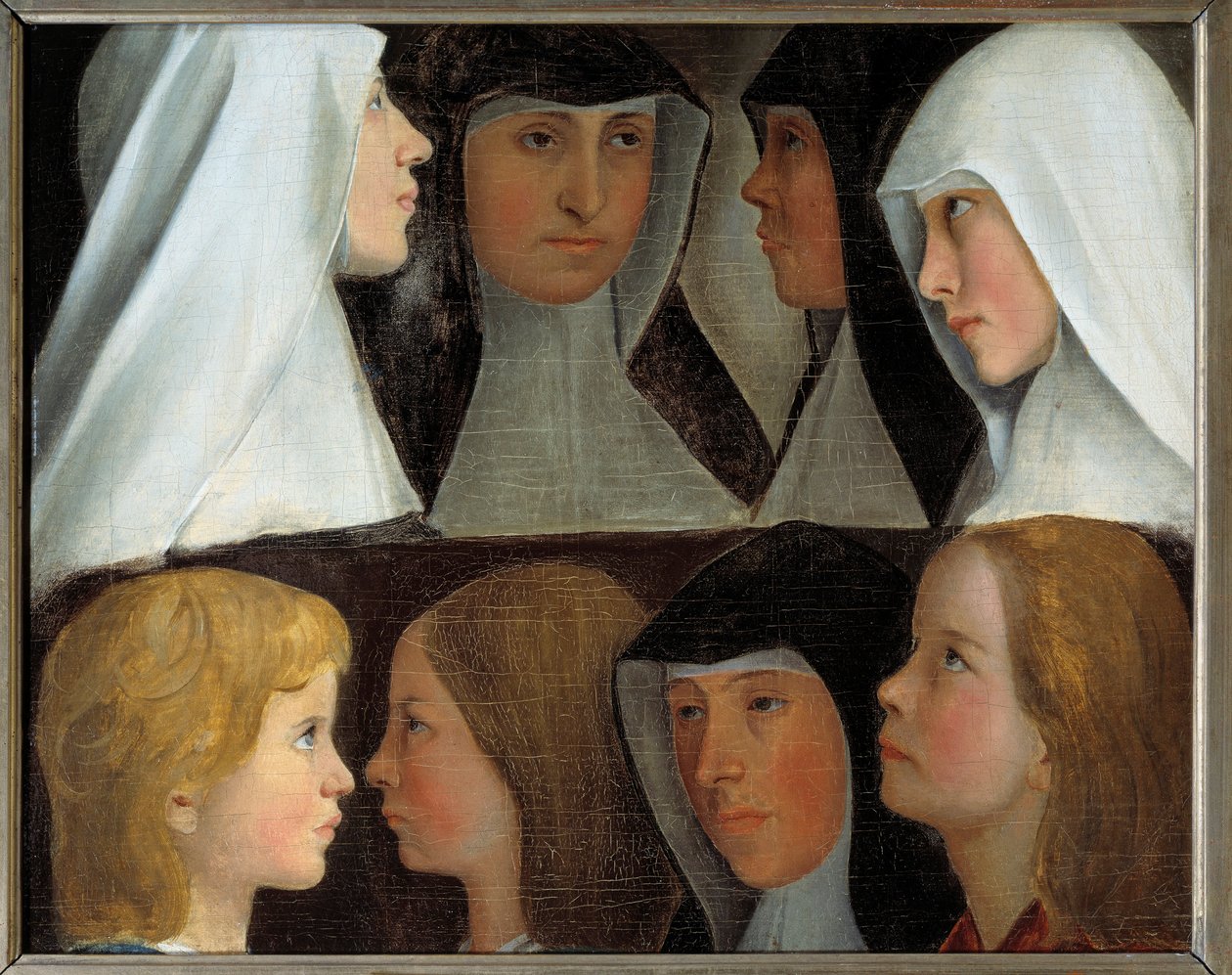 Studier av postulanta och nybörjare nunnor av Saint Benedict Order Målning av den tyska skolan på 1800-talet Roanne, musée Joseph Dechelette - Studier av religiösa postulanter och noviser av Saint Benedict Order. Målning av tyska skolan av German School