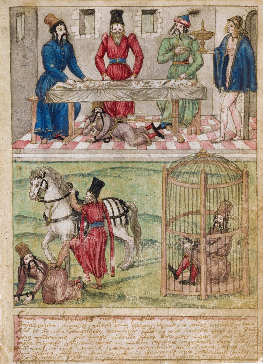 Sultan Bayezid (Bajazet) I (cirka 1360-1389) tas till fånga av Tamerlane (1336-1405) (eller Timur Lang, ""Timur den lame") efter slaget vid Ankara 1402. Akvarell på pergament från ett 1500-tal tysk mästare. Privat samling av German School