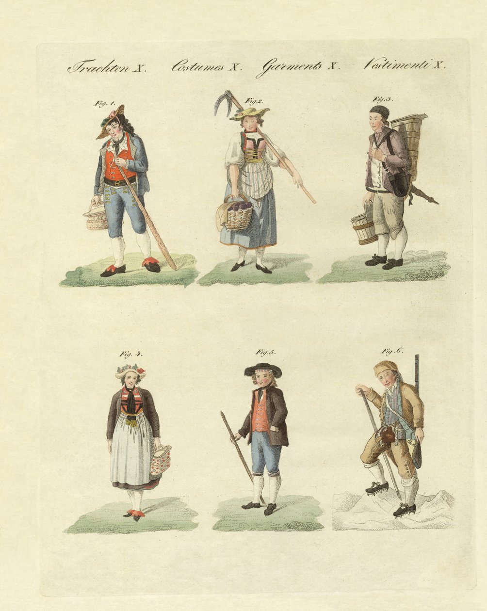 Schweiziska klänningar (färgad gravyr) av German School