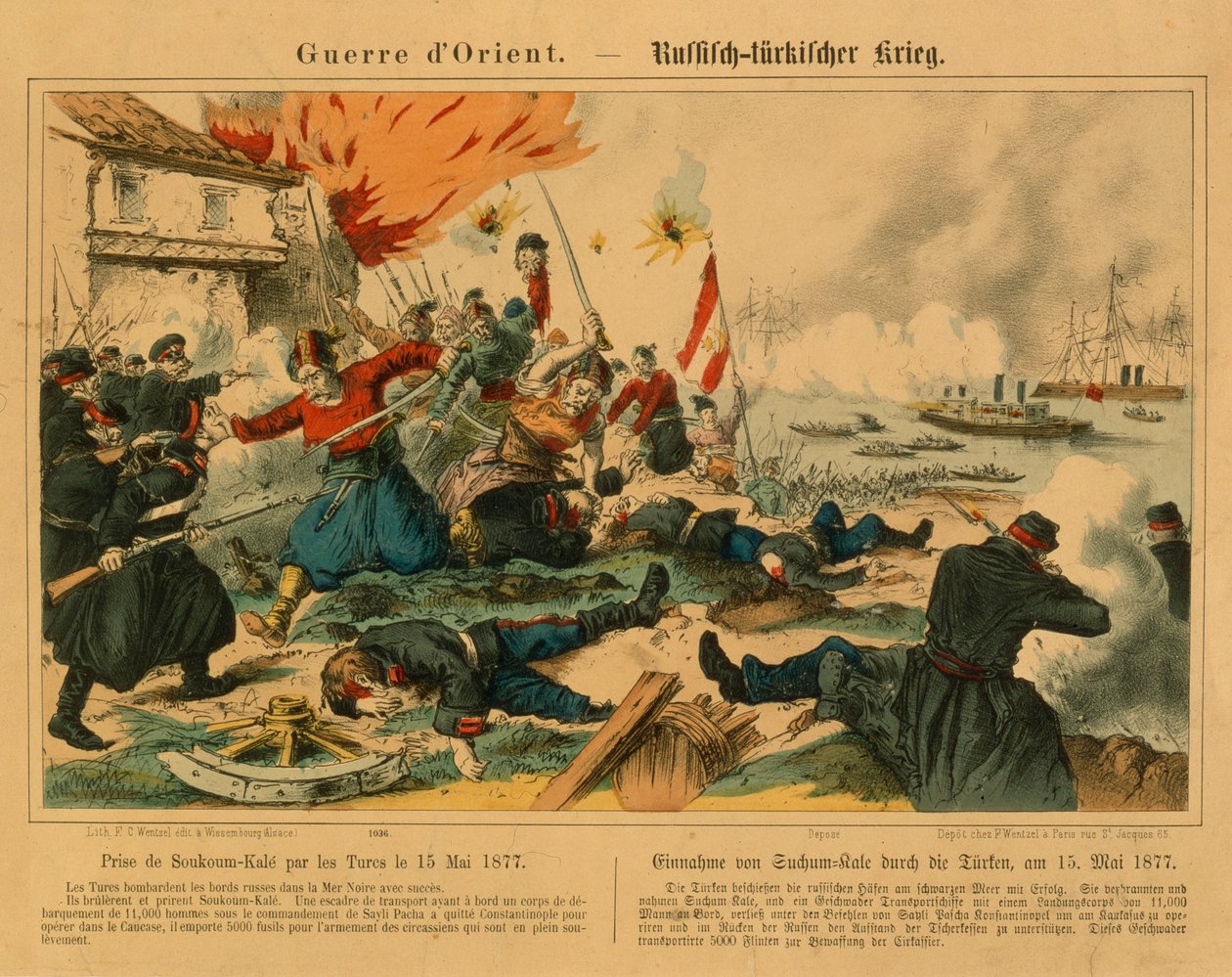 Tak av Suchum-Kale av turkarna under det rysk-turkiska kriget, 15 maj 1877, utgiven av F.C. Wentzel, Weissenburg, 1877 av German School