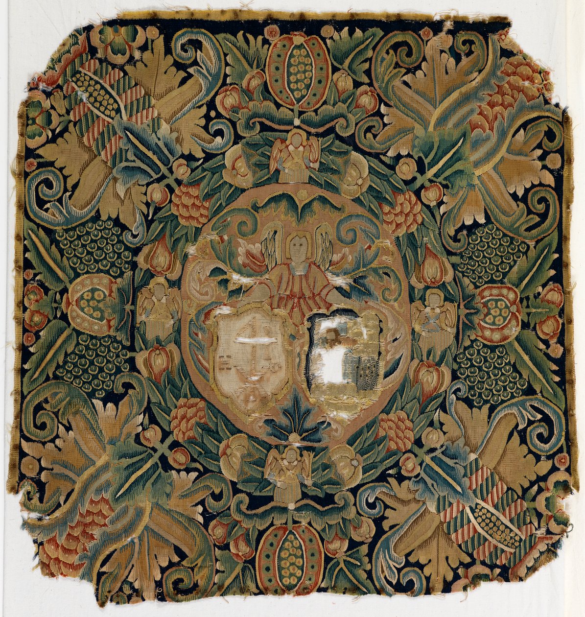 Armorial kuddfodral i gobeläng, möjligen från Niedersachsen, tillverkad på 1600-talet (ull) av German School