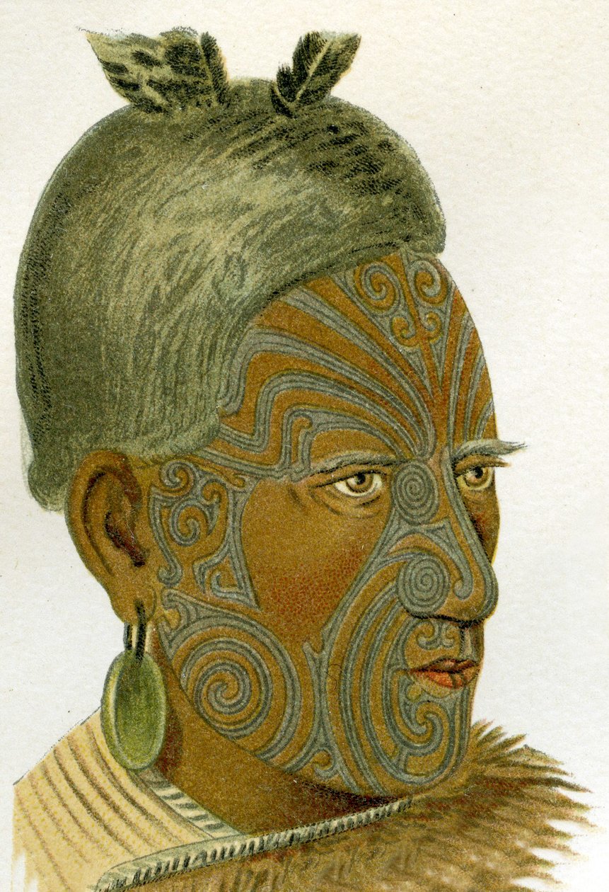 Tatuerat ansikte av en maorihövding, 1894 av German School