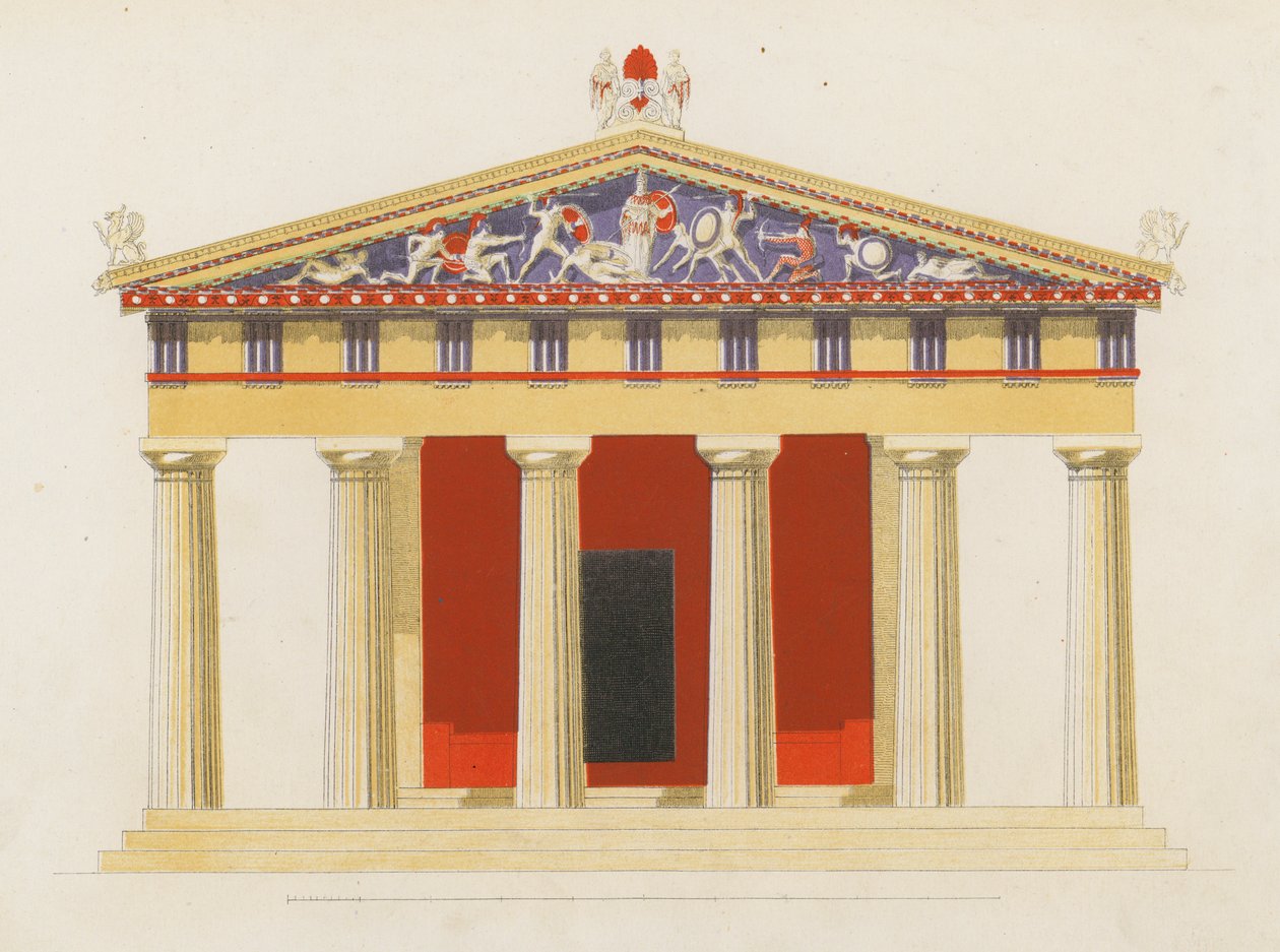 Templet i Aphaea, Aegina, Grekland (färglitografi) av German School