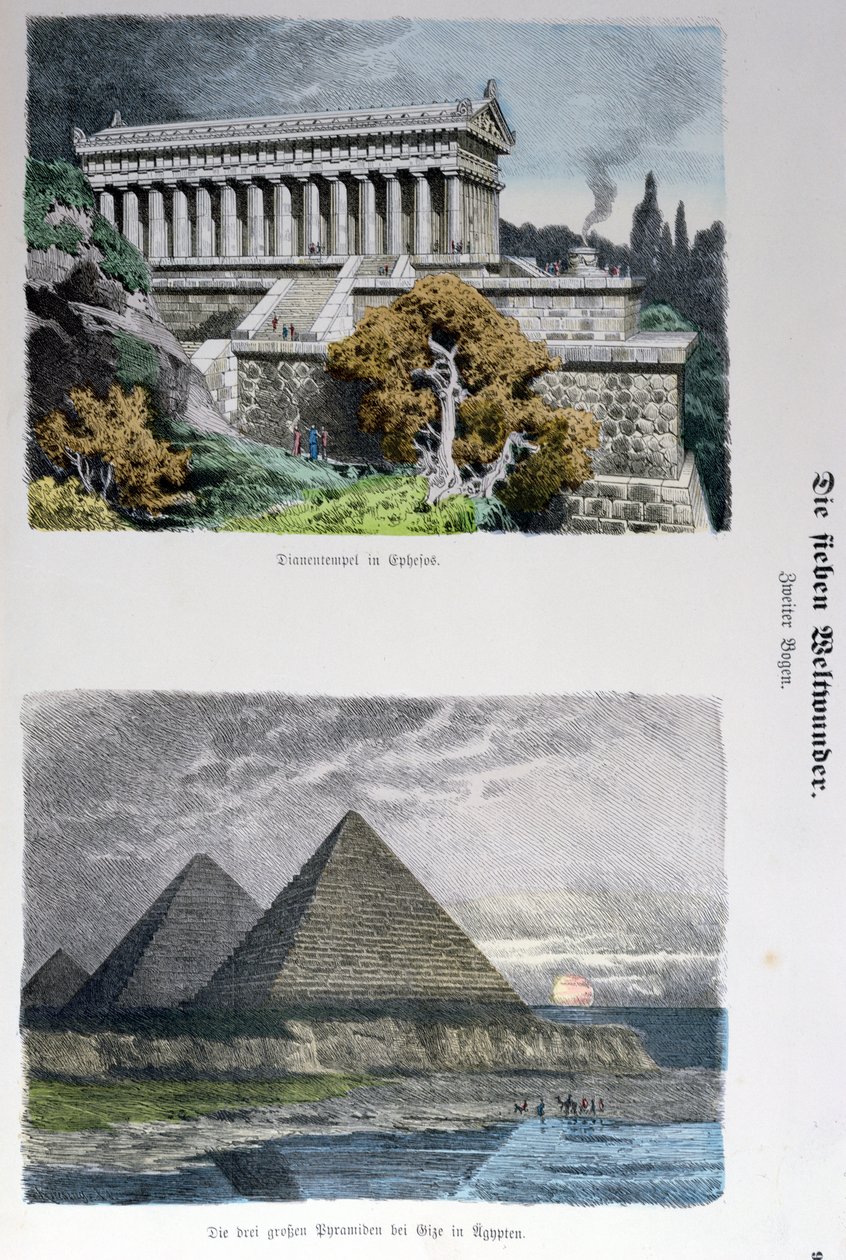 Dianatemplet i Efesos och pyramiderna i Giza, från en serie av världens sju underverk publicerade i Munchener Bilderbogen, 1886 (färggravyr) av German School