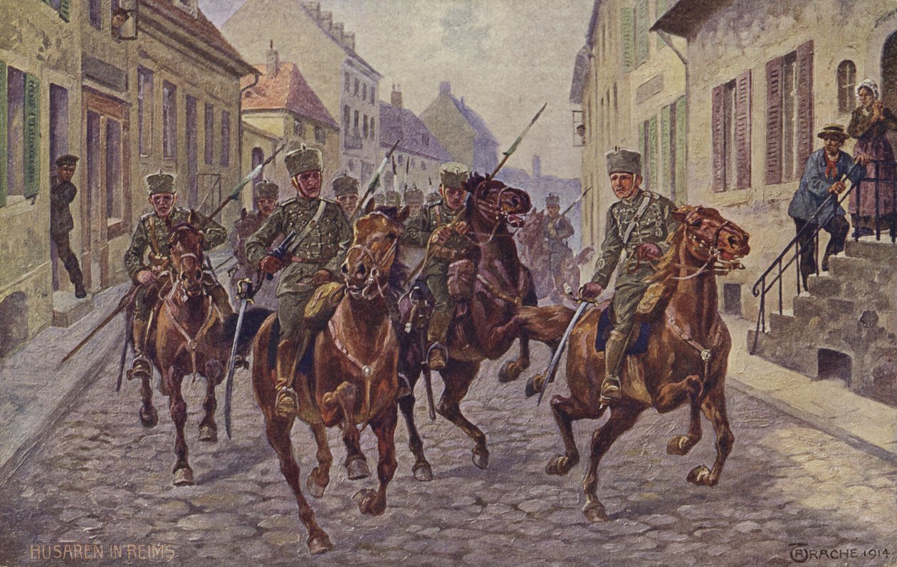 Tyska husarers tillfälliga intagande av staden Reims, första världskriget, 9 september 1914 (färglitografi) av German School