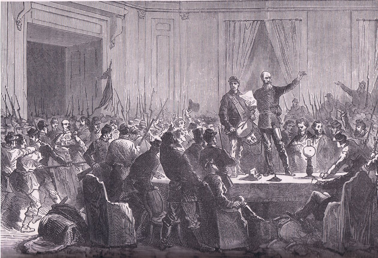 Den 106:e bataljonen av nationalgardet levererar Trochu på Hotel De Ville, Cassells historia om kriget mellan Frankrike och Tyskland publicerad av Cassell and Company Limited, ca 1890 (litho) av German School