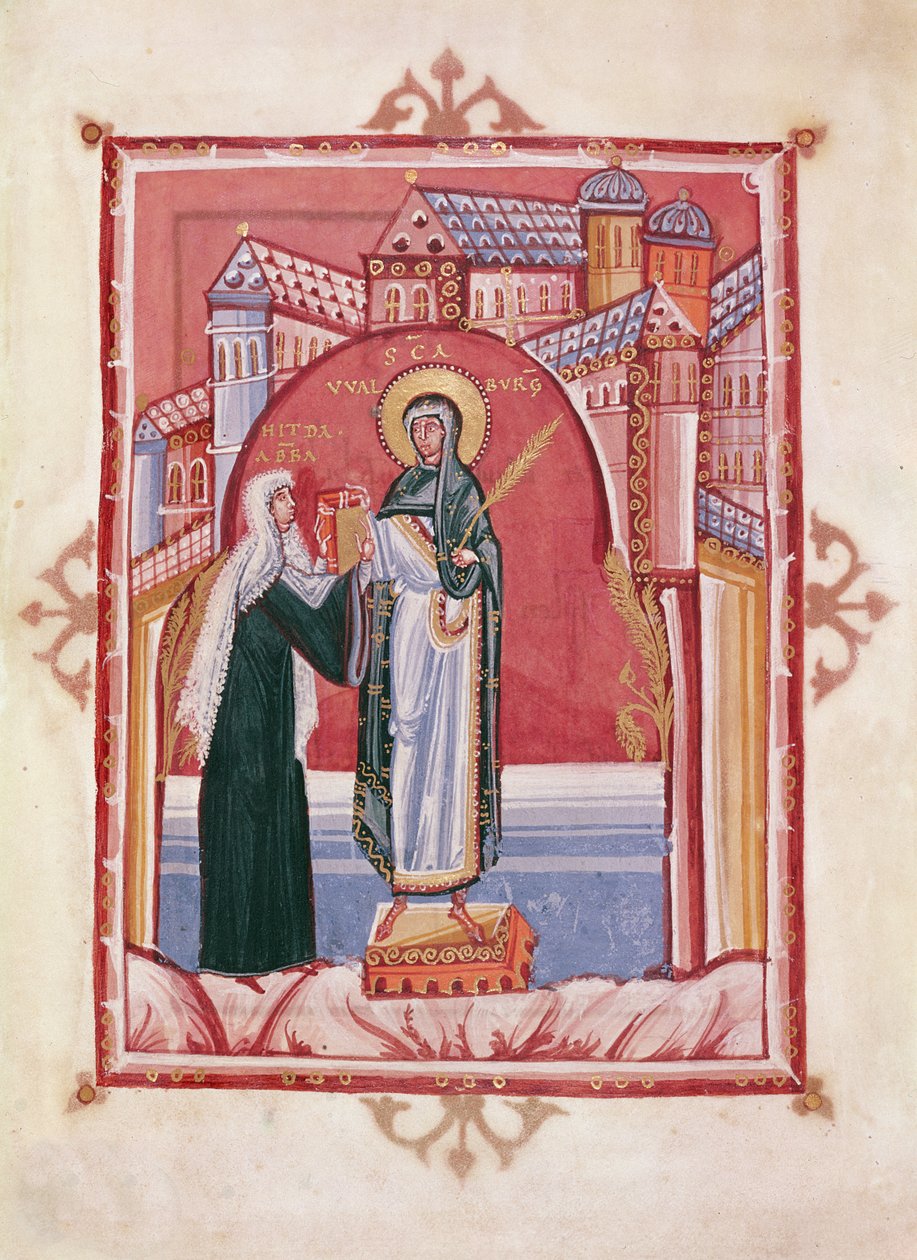 Abbedissan Hilda erbjuder evangeliet till St. Walburga av German School