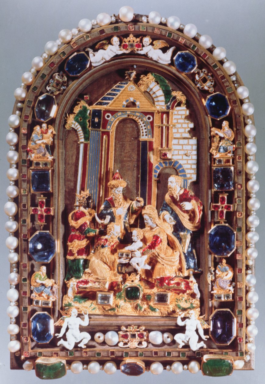 The Adoration of the Kings, reliefplakett inramad med miniatyrfigurer av de fyra evangelisterna och putti omväxlande med safirer, från München (emalj, förgylld, halvädelstenar, pärlor) av German School