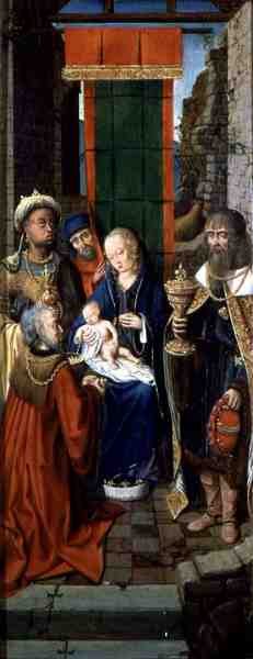 The Adoration of the Magi (olja på panel) av German School