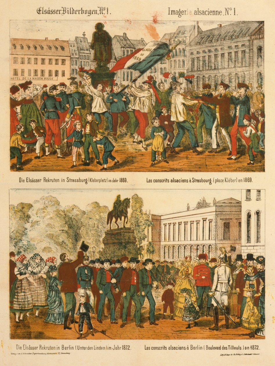 Alsace rekryterar i Strasbourg (Kleberplatz) 1869 och i Berlin (Under den Linden) 1872, från Elsaesser Bilderbogen, utgiven av A. Schneider, Strasbourg, 1873 av German School