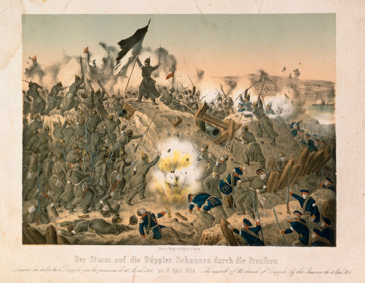 Slaget vid Dybboel i andra slesvigska kriget, den 18 april 1864, utgiven av Verlag A. Felgner, Berlin, 1864 av German School