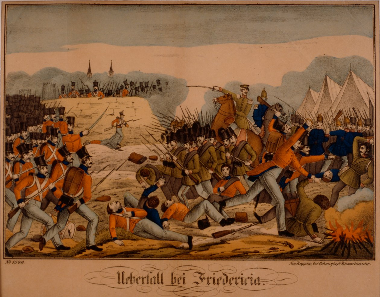 Slaget vid Fredericia under det första Schleswig War, 6 juli 1849, Neuruppiner Bilderbogen, utgiven av Oehmigke & Riemschneider, c.1850 av German School