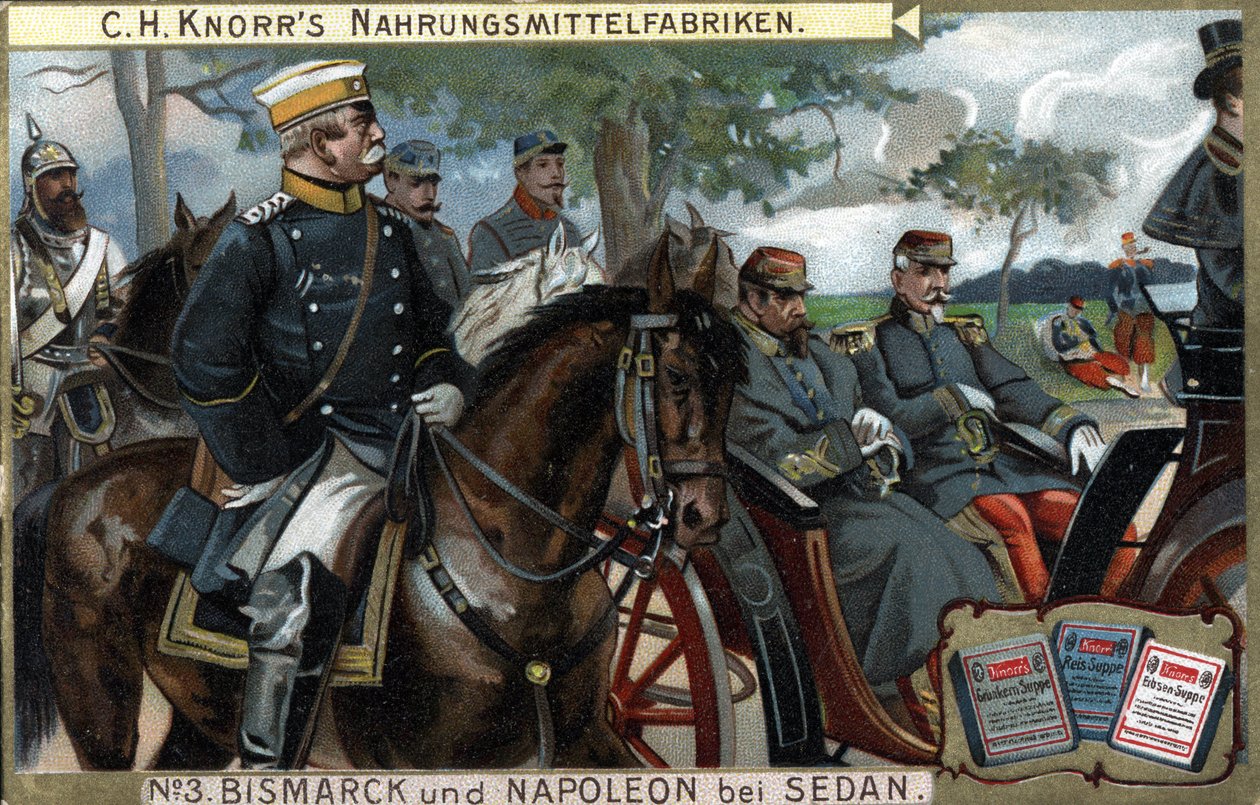 Slaget vid Sedan, kriget 1870: General Otto von Bismarck (1815-1898), kung av Preussen eskorterade kejsar Napoleon III (Louis Napoleon Bonaparte) av German School