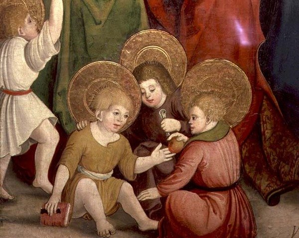 The Childhood of St. Joseph, detalj av barn som leker, Swabian School (olja på panel) av German School