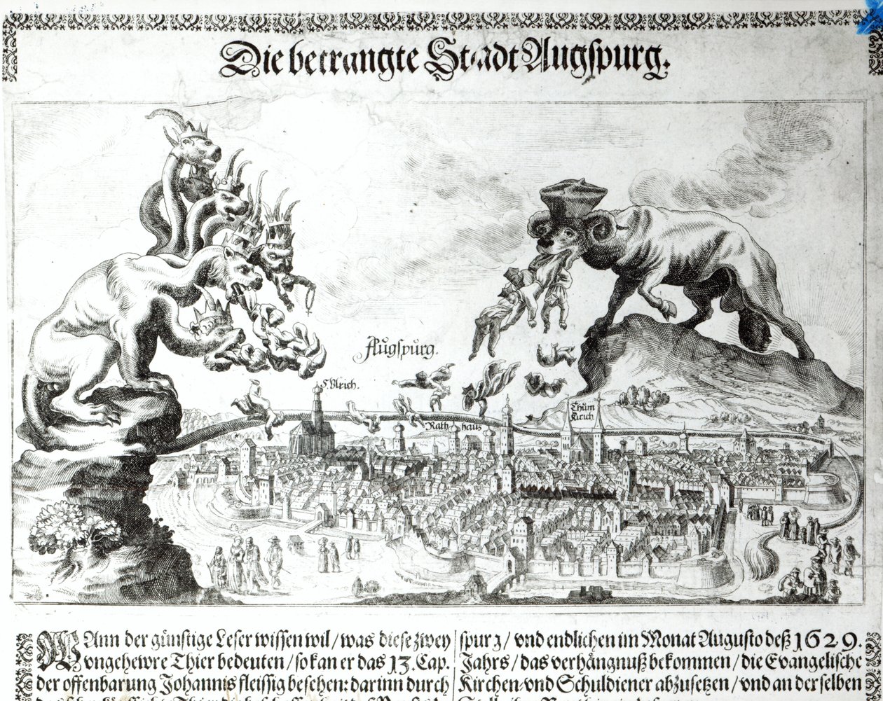 Staden Augsburg tvingades acceptera katolsk dominans 1629 (gravyr) (bw foto) av German School