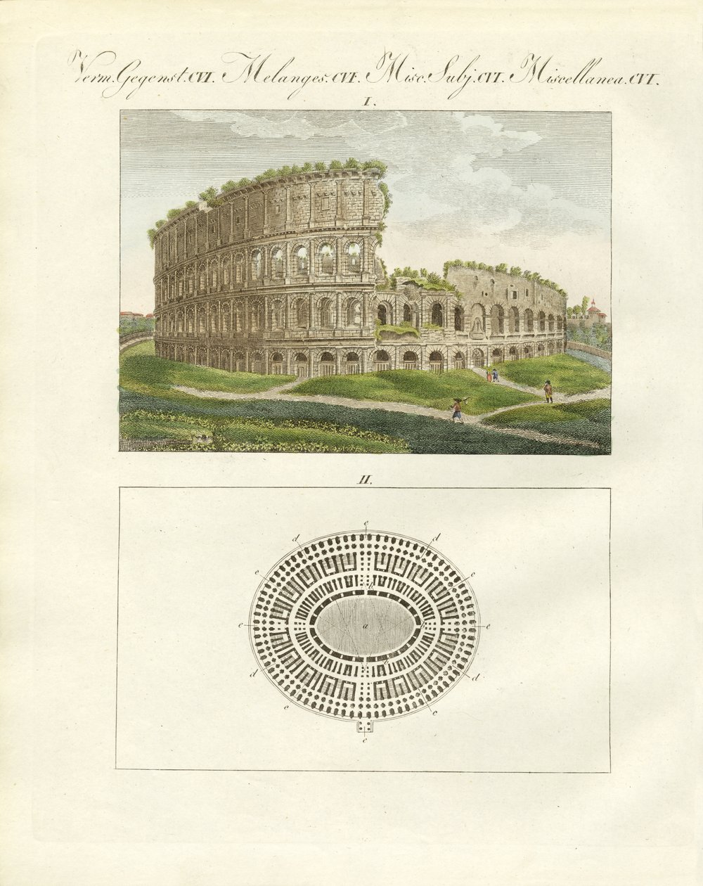 Colosseum eller kejsar Flavius Vespasianus amfiteater (färgad gravyr) av German School