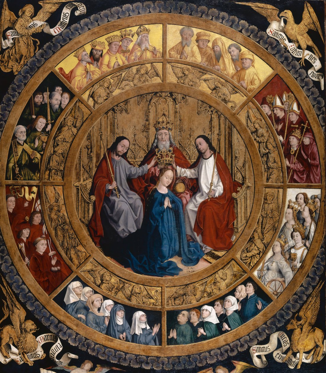 Jungfruns kröning omgiven av änglar och heliga, c.1470 av German School