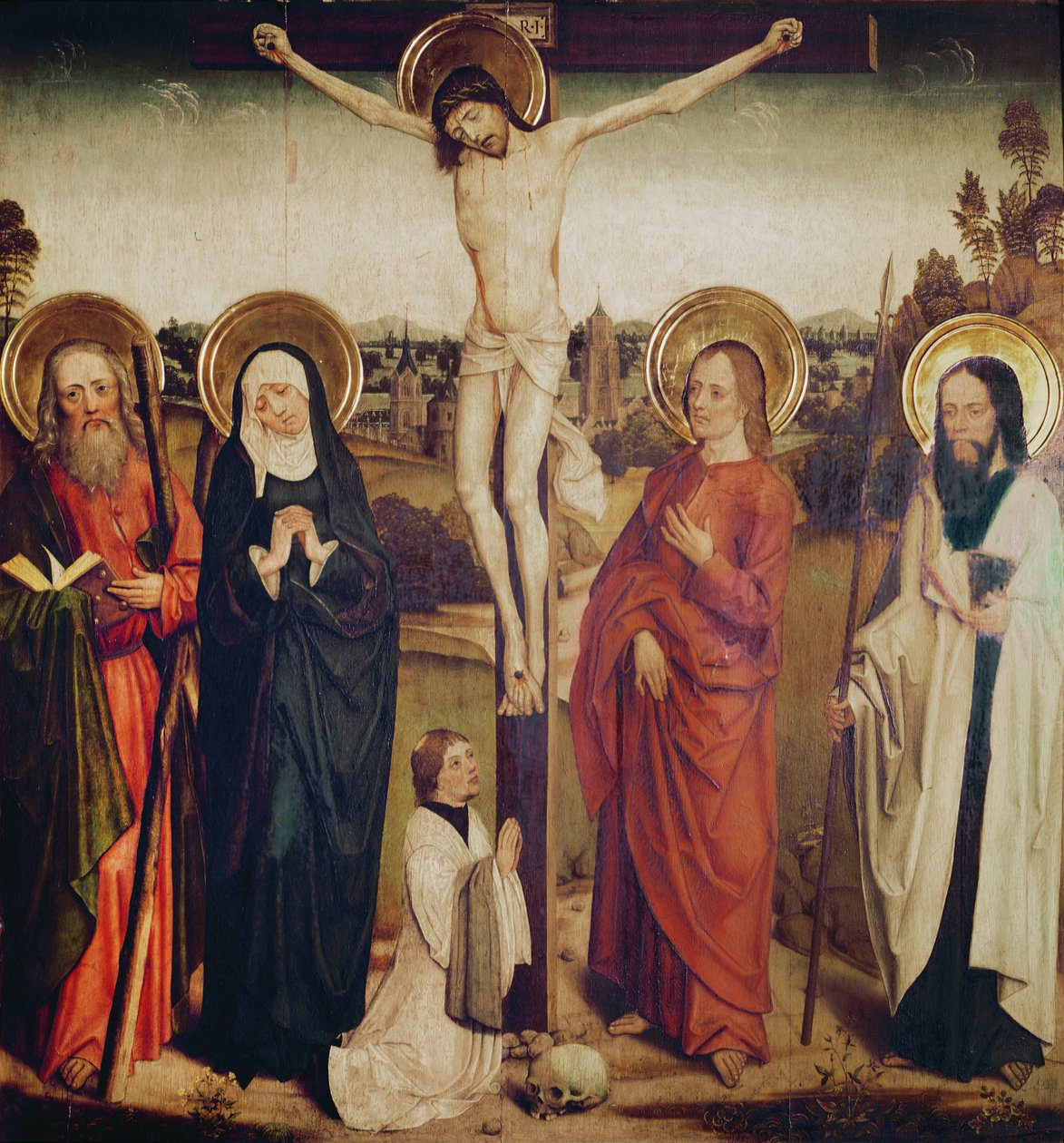 Korsfästelsen, med St Andrew, Saint Matthew och en man som knäböjer vid foten av korset av German School