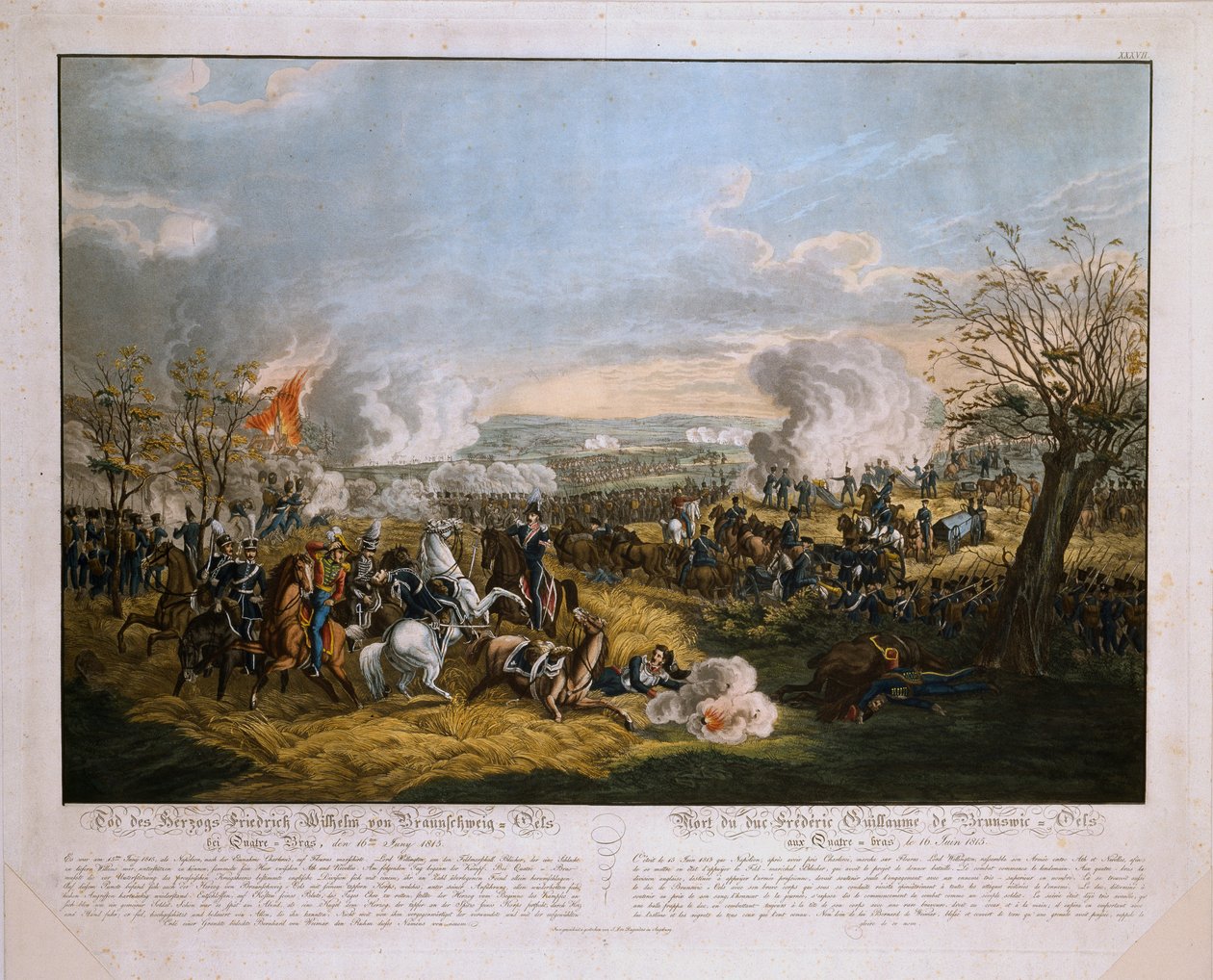 The Death of the Duke of Frederick William of Brunswick (1771-1815) - vid slaget vid Quatre Bras, 16 juni 1815, publicerad av J.L. Rugendas, 1815 (färgad akvatint) av German School