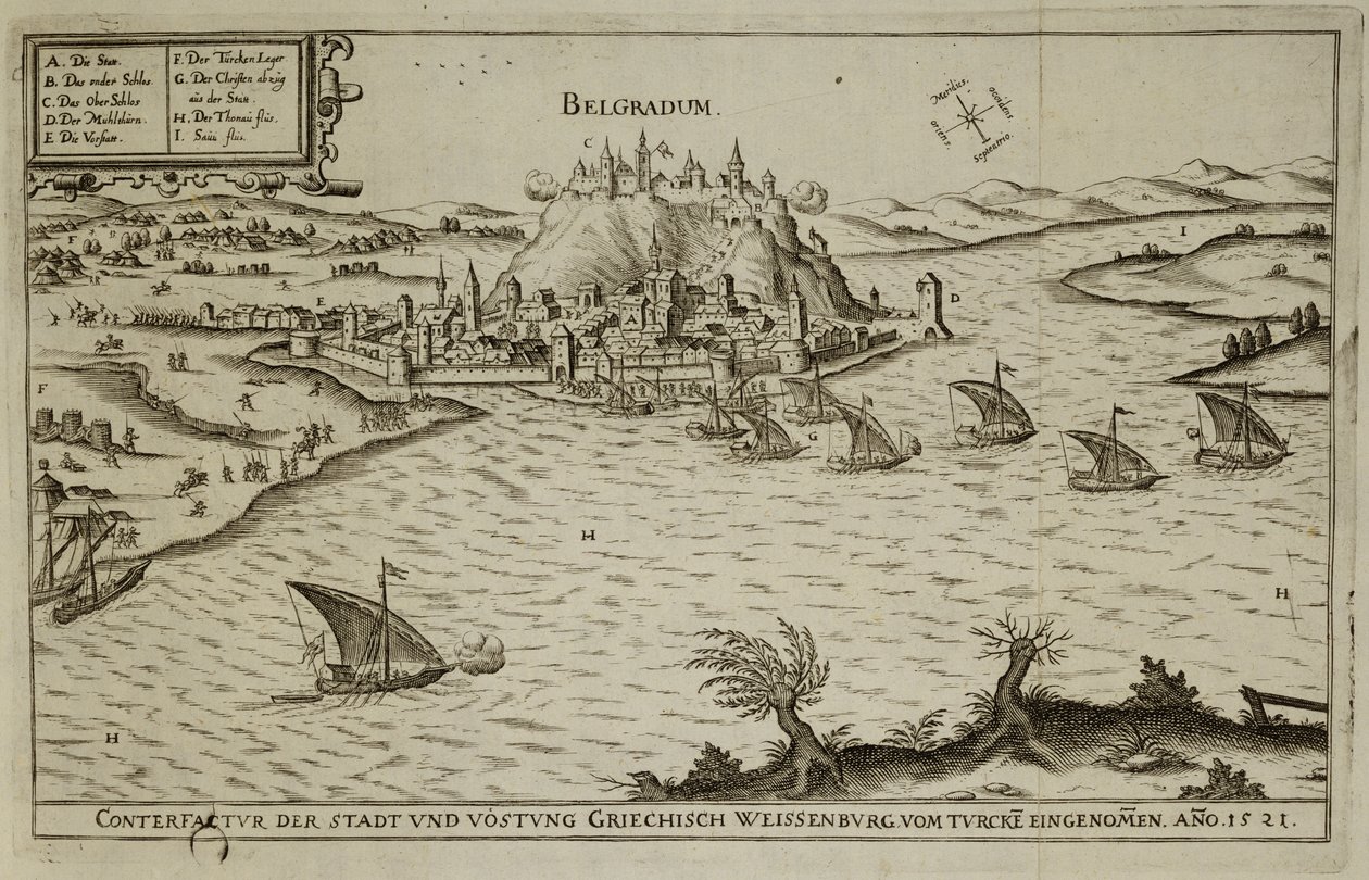 Belgrads fall för turkarna 1521, illustration från en bok om de osmanska kampanjerna i Europa, graverad av Paul Furst (ca 1605-66) av German School