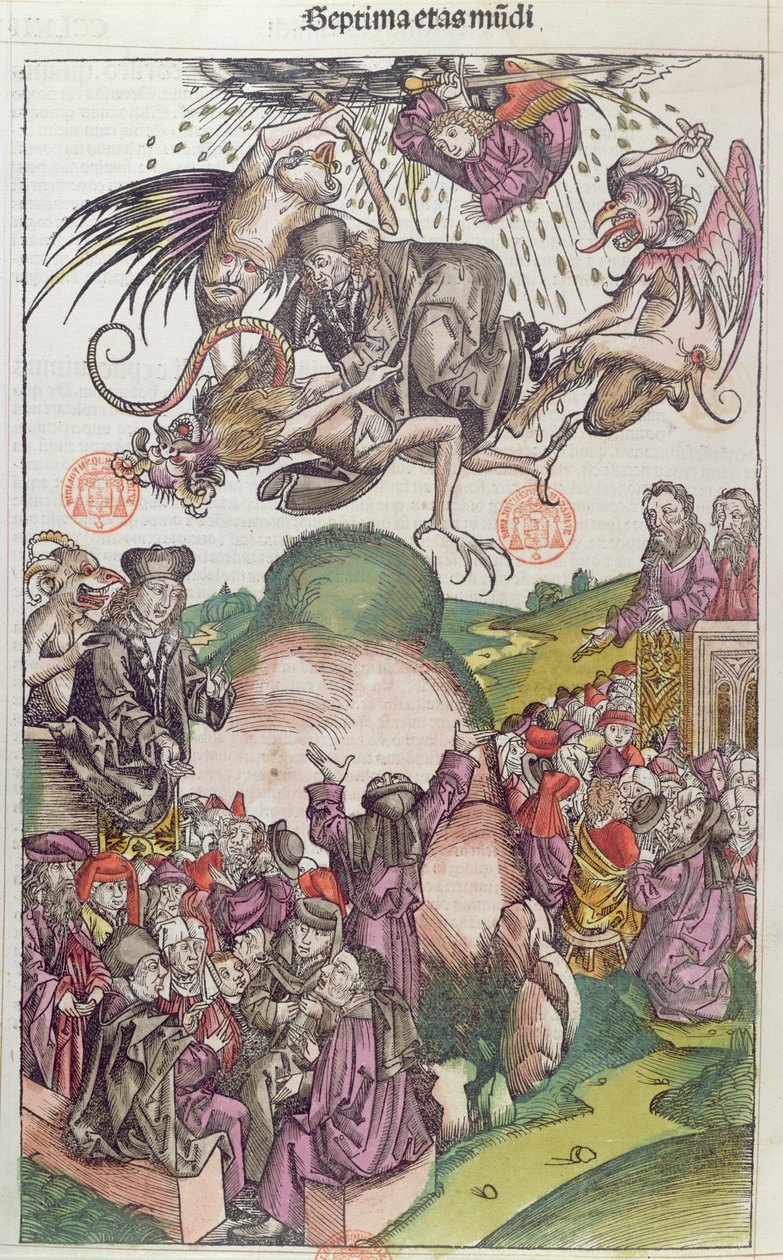 The Fall of Simon Magus, från La Chronique de Nuremberg av Hartmann Schedel, Nurnberg, 1492 (träsnitt i färg) av German School