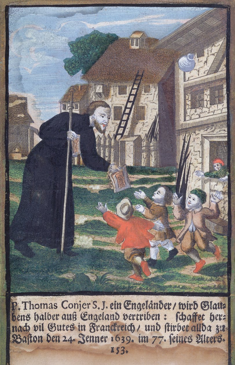 Jesuitfadern Thomas Conjer som evangeliserar Frankrike, från Jesuiternas martyrologi, 1688 av German School