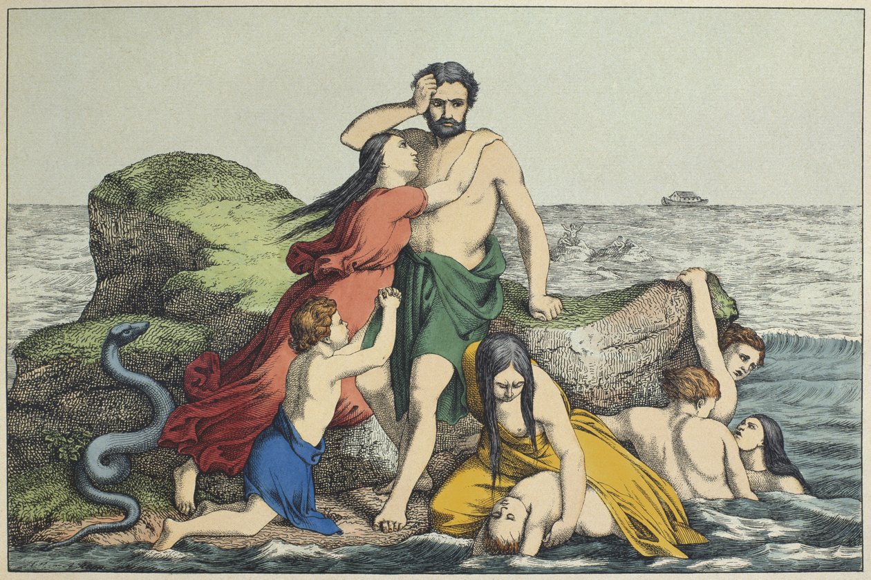 The Flood, illustration från LAncien Testament, utgiven av Jakob Ferdinand Schreiber, Esslingen (färgstick) av German School