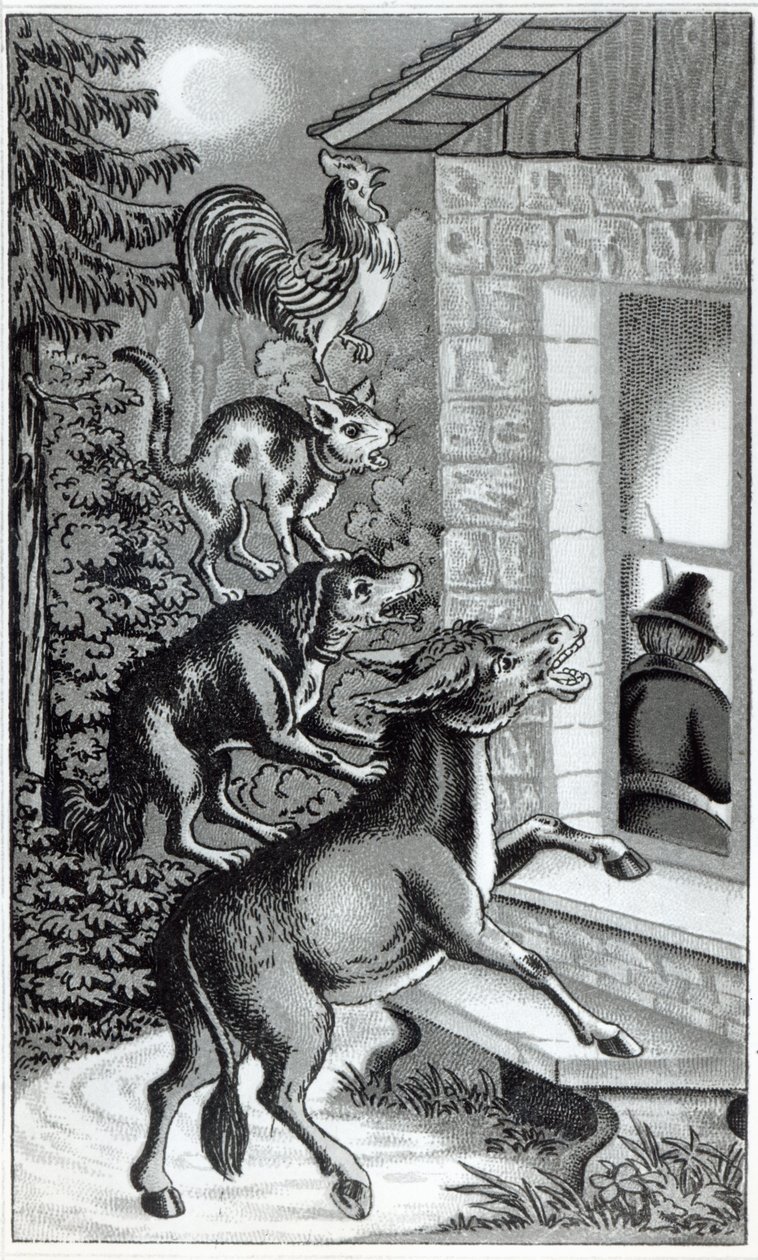 De fyra djuren som ropar mot fönstret, illustration till The Musicians of Bremen Town, berättelse av bröderna Grimm av German School