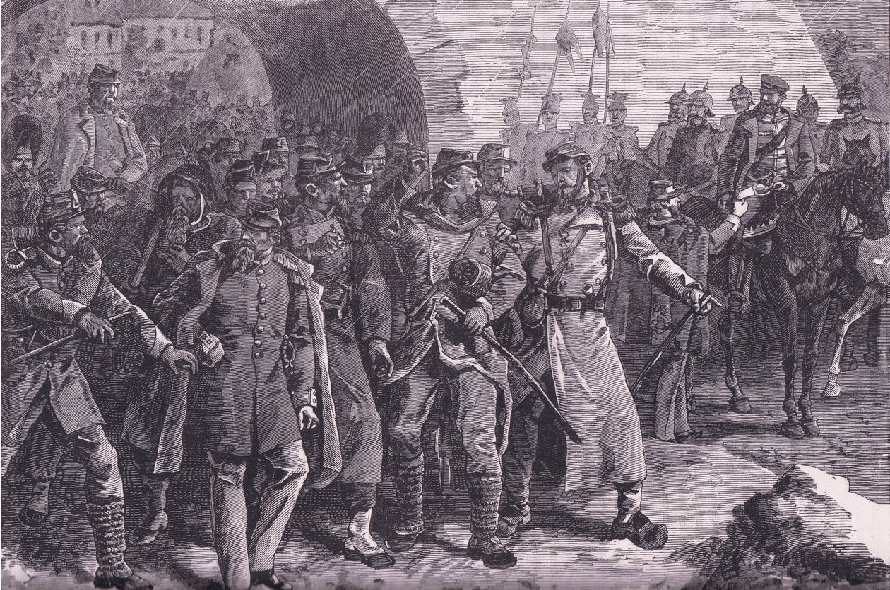 Den franska armén lämnar Metz, Cassells History of the War between France and Germany publicerad av Cassell and Company Limited, ca 1890 (litho) av German School