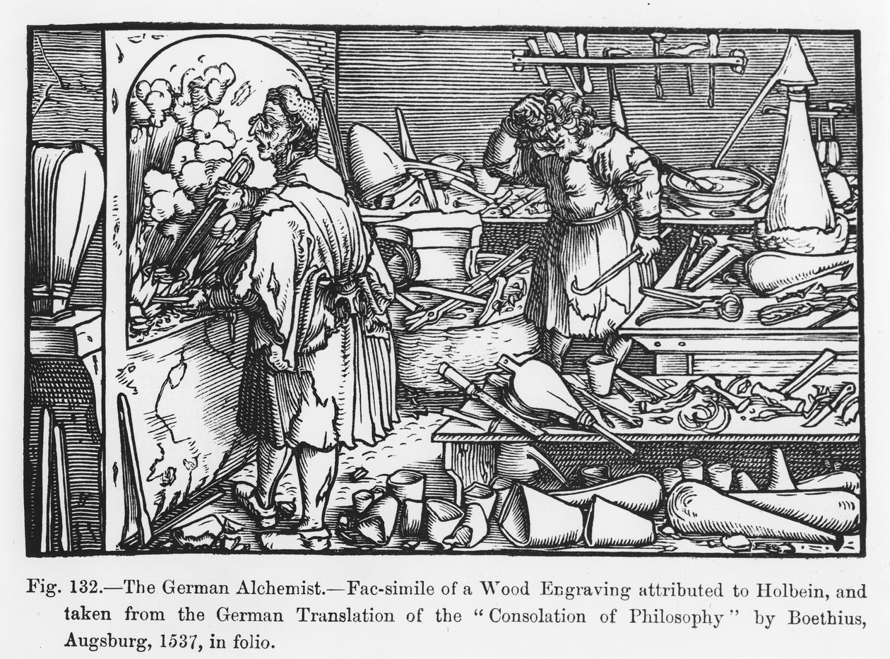 Den tyske alkemisten, från Consolation of Philosophy av Boethius, illustration från Vetenskap och litteratur under medeltiden och renässansen, skriven och graverad av Paul Lacroix, 1878 (f. av German School