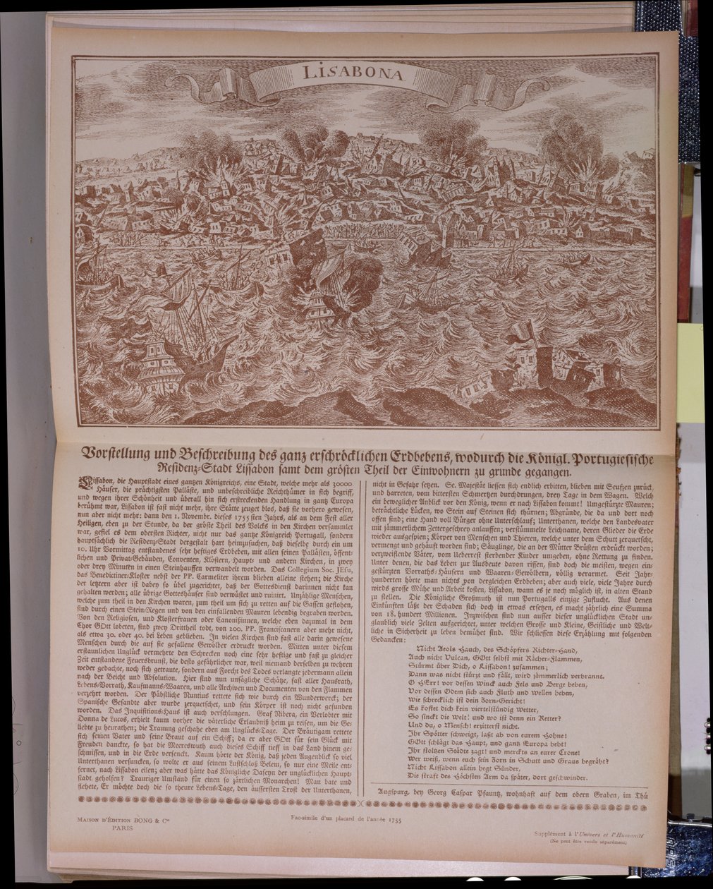 Den stora jordbävningen 1755 i Lissabon, faksimilkopia av en originalgravyr och text, 1755 av German School