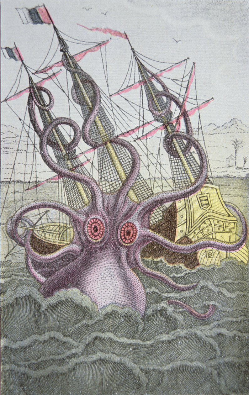 Kraken drar ner ett skepp (färgad gravyr) av German School