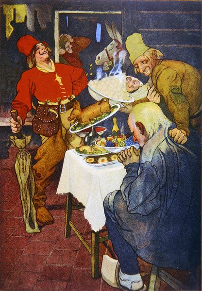 Det magiska bordet och den gyllene åsnan, illustration av en saga av bröderna Grimm av German School