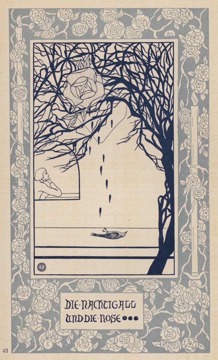 Näktergalen och rosen (litografi) av German School