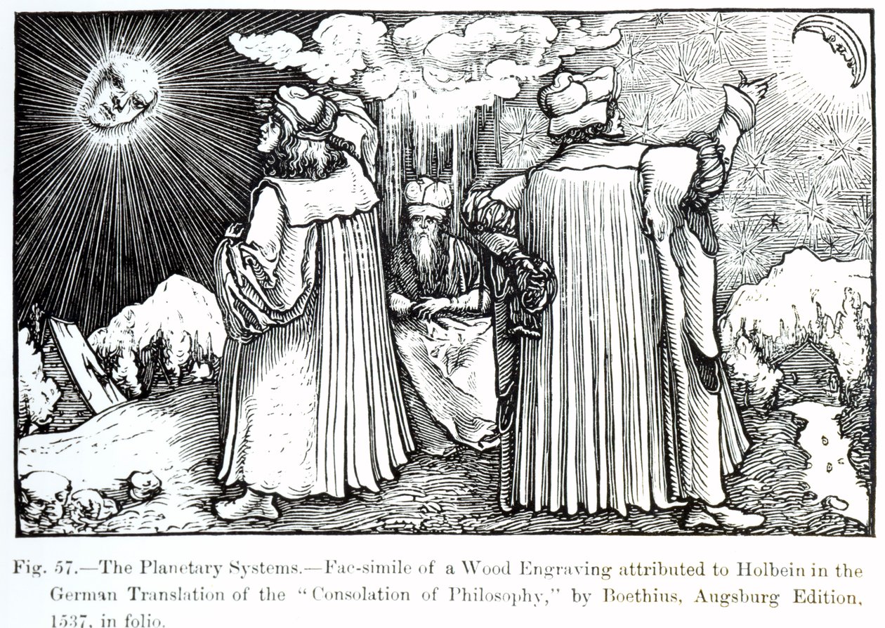 The Planetary Systems, från The Consolation of Philosophy av Boethius, publicerad 1537, illustration från Science and Literature in The Middle Ages and Renaissance, skriven och graverad av Paul Lacr av German School