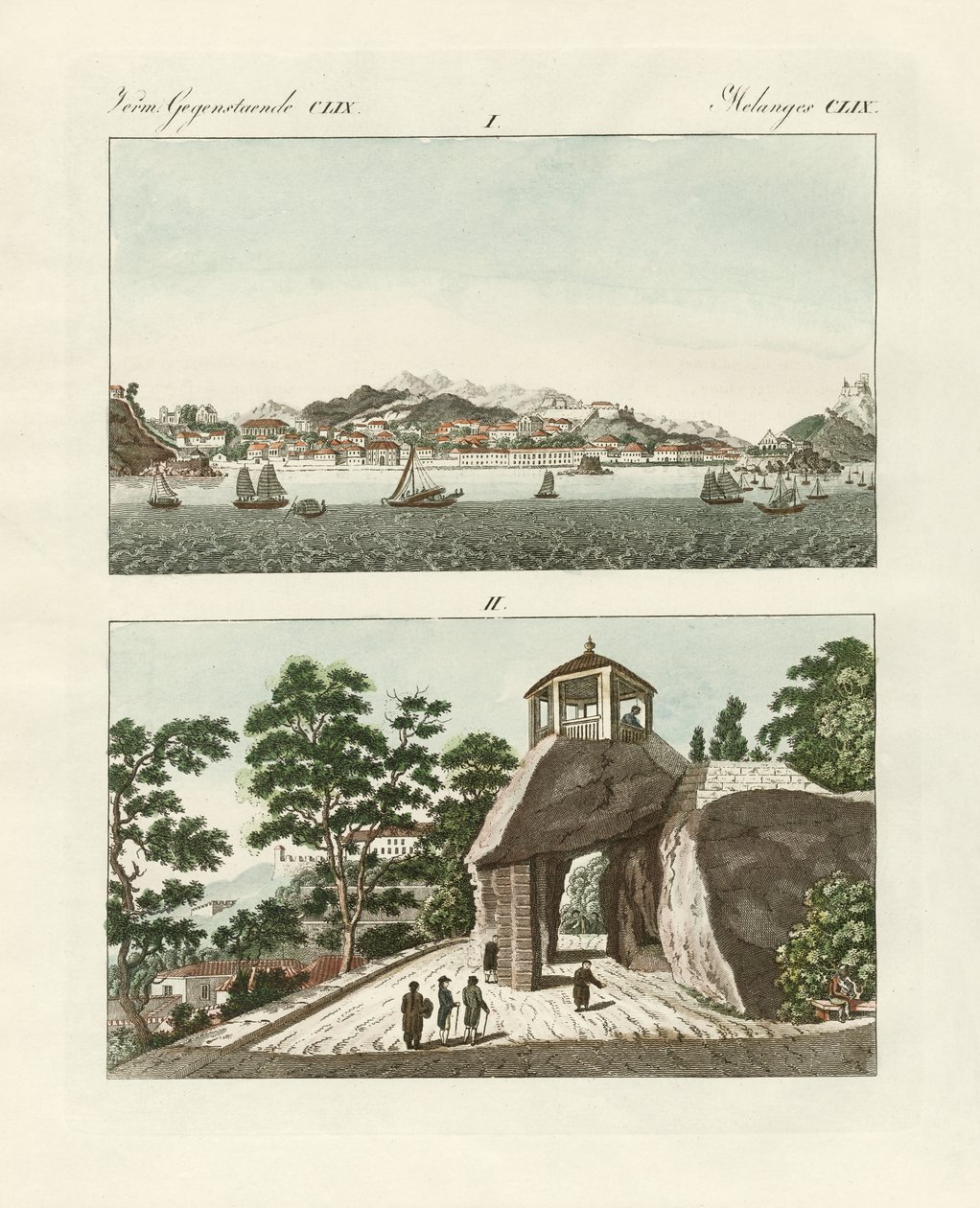 Den portugisiska kolonin Macau i Kina (färgad gravyr) av German School