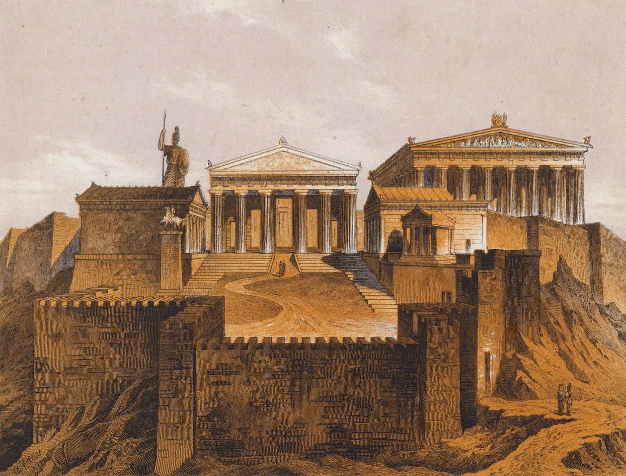Propylaea, antika Aten, Grekland (färglitografi) av German School