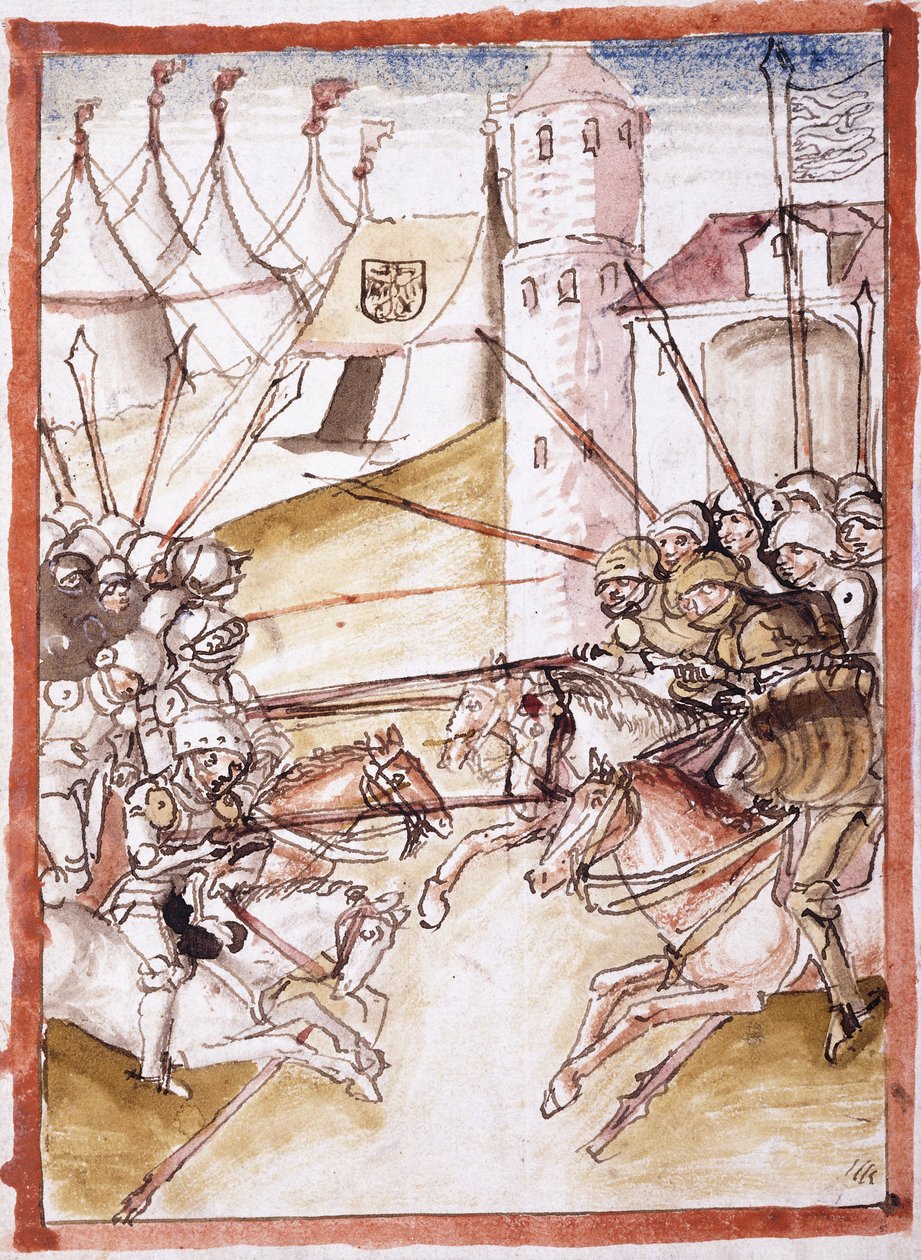Romarna anfaller Augsburg, ca 1490 av German School