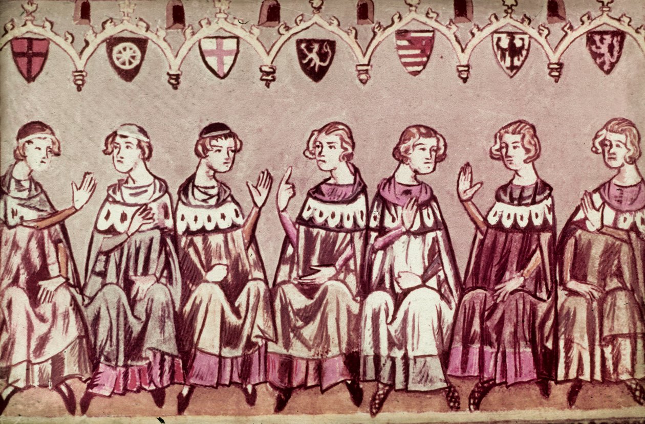 De sju kurfurstarna väljer Henrik VII, helig romersk kejsare, illustration från Henrik VII:s krönika (Balduineum) 1341 (bläck & färg på vellum) av German School