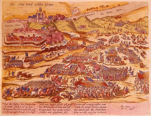 Belägringen av Esztergom 1595 (färgad gravyr) av German School