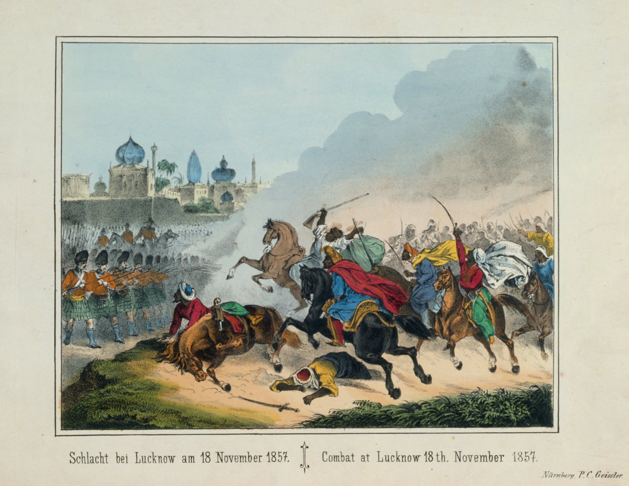Belägringen av Lucknow i Uttar Pradesh under det indiska upproret 1857, bildblad publicerat av P.C. Geissler, Nürnberg, 1857 av German School