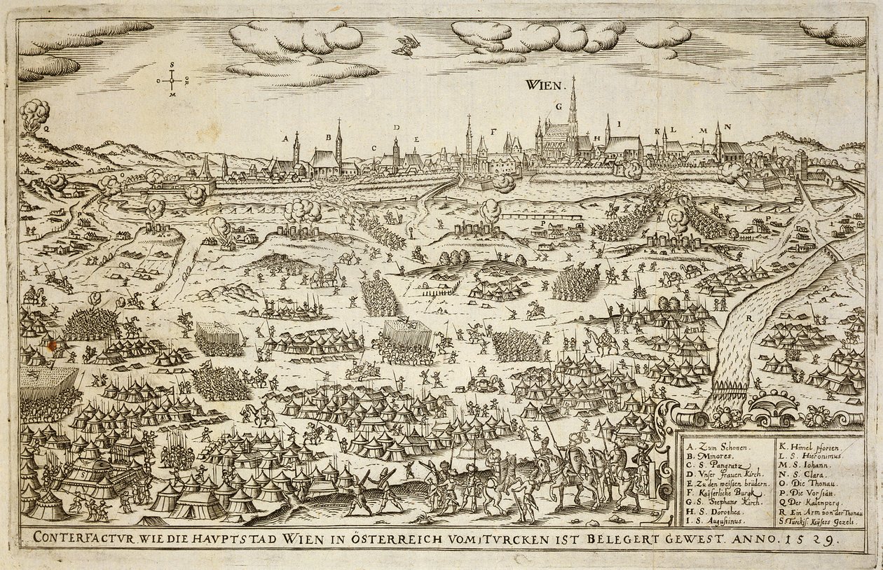 Belägringen av Wien 1529, illustration från en bok om de osmanska kampanjerna i Europa, graverad av Paul Furst (ca 1605-66) av German School