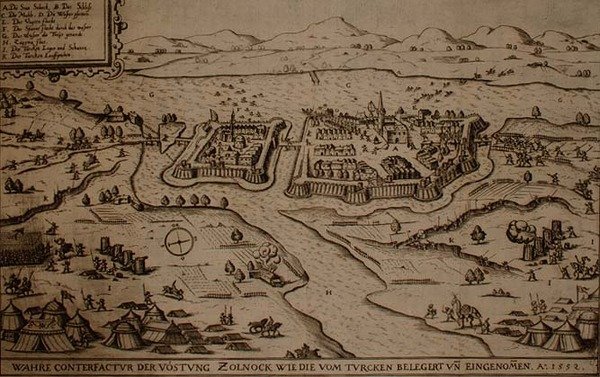Belägringen av Zolnock av turkarna 1552, illustration från en bok om de osmanska kampanjerna i Europa, graverad av Paul Furst (ca 1605-66) (gravyr) av German School