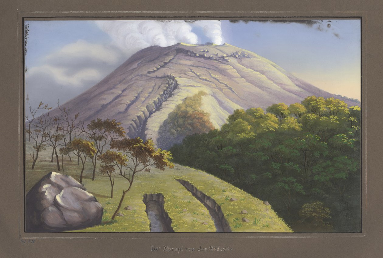 Södra sidan av toppen av Merapi sett från en höjd av 5231 fot, september 1836, pl.VII, från topografisk och vetenskaplig atlas på resan genom Java, av Dr. Fru Junghuhn, Magdebur av German School