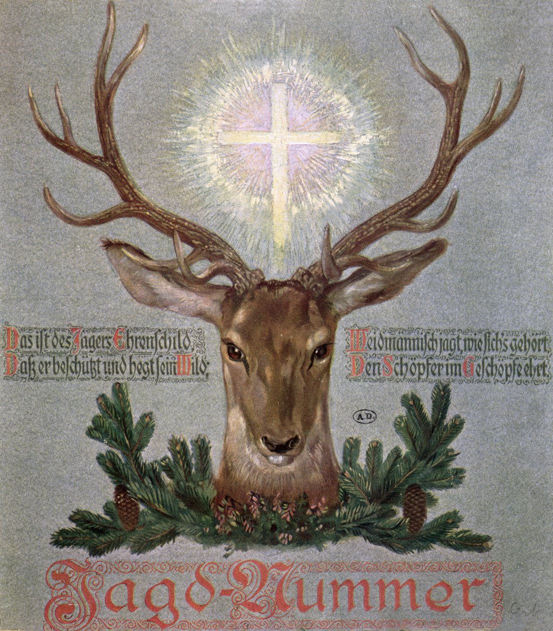 The Stag of St. Hubert (655-727), omslagsillustration från en jaktdagbok, 1908 av German School
